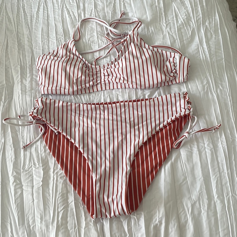 Burnt orange and white stripped bikini; reversible bottoms